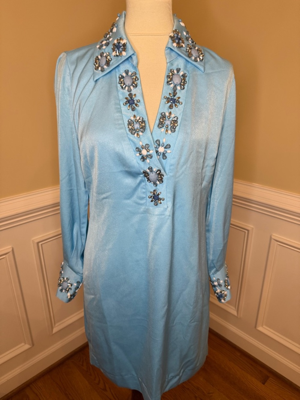 Boston Proper Light Blue Jeweled Collar Long Sleeve Dress